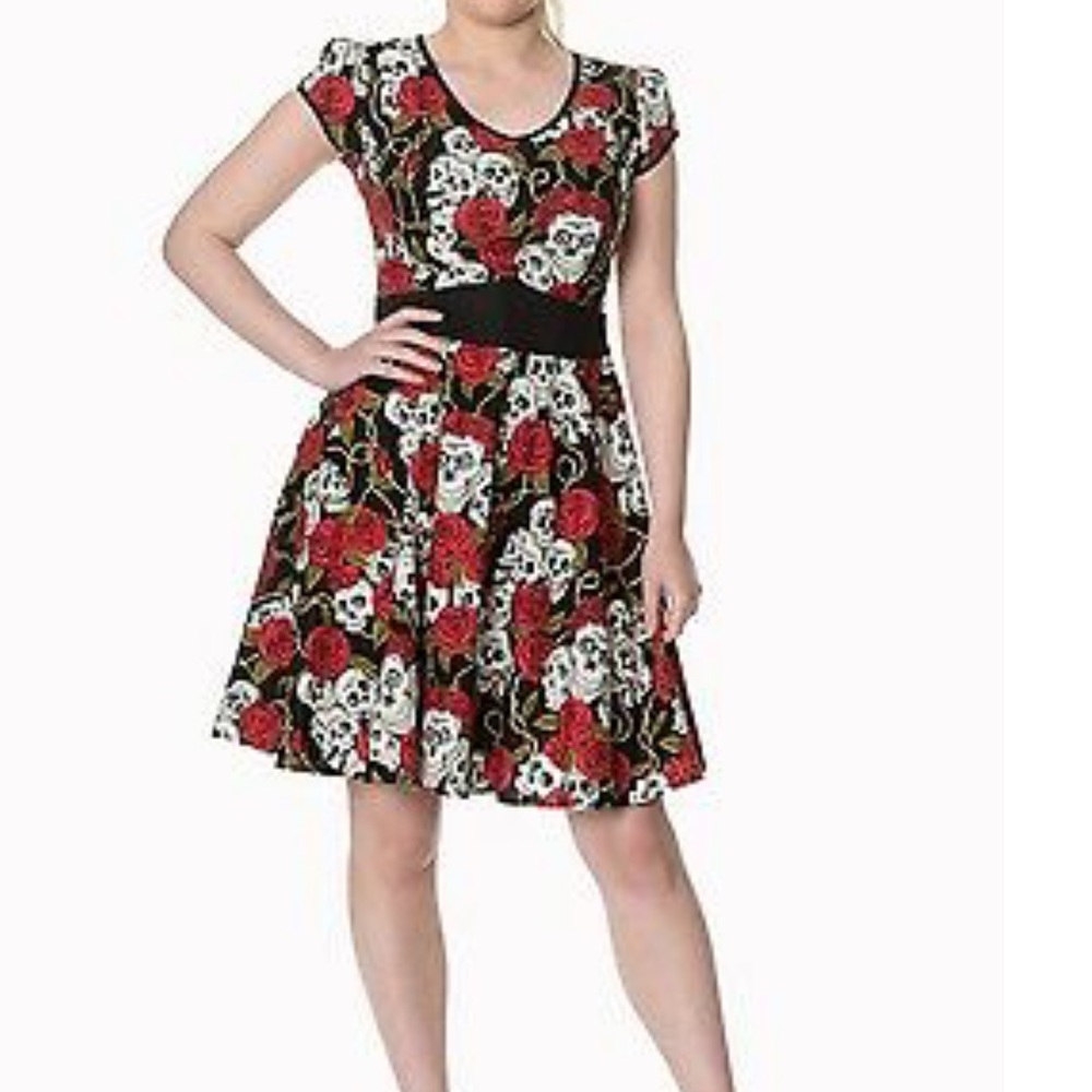 Skull Roses & Thorns Retro Rockabilly Flared Dress
